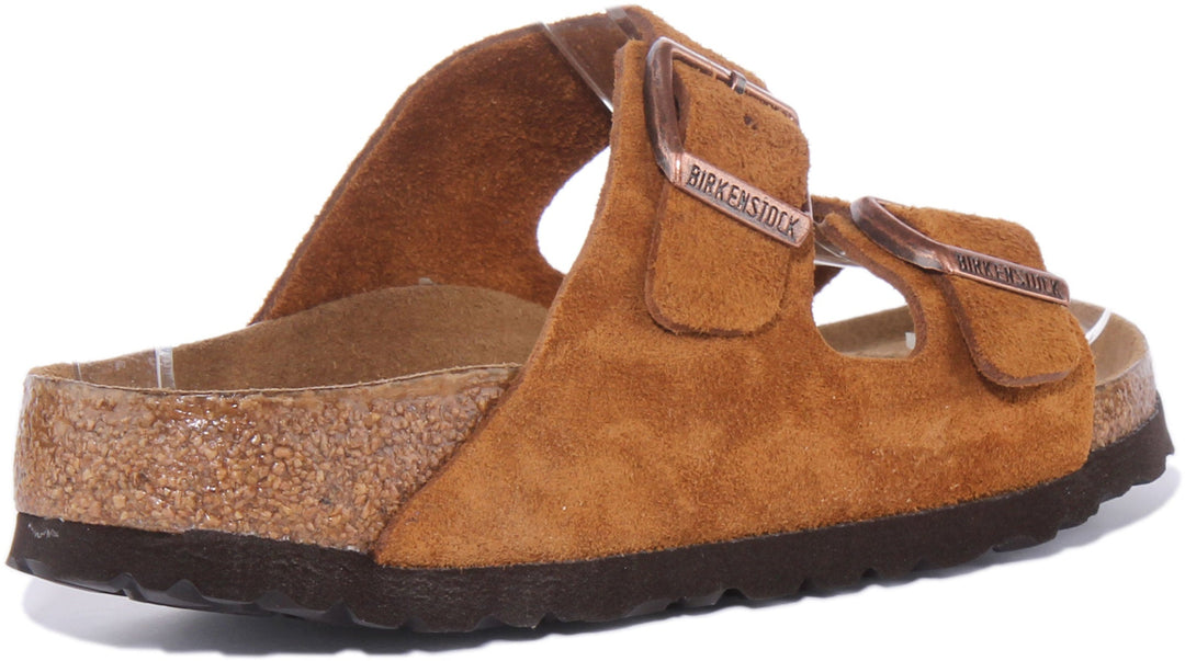 Birkenstock Arizona SBF Sandal i mockaläder med två remmar för kvinnor i tan