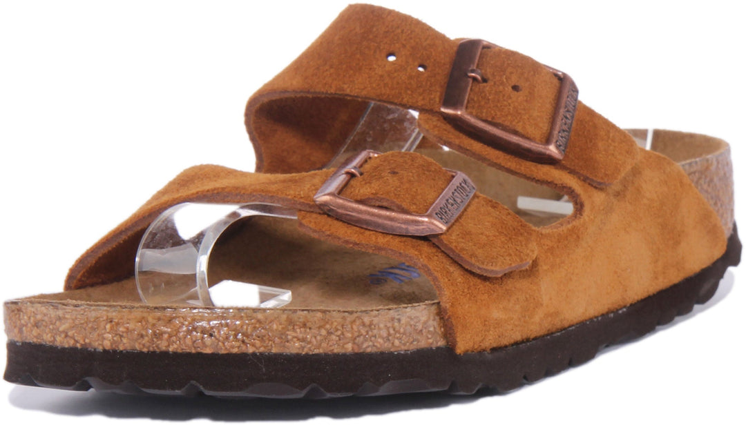 Birkenstock Arizona SBF Sandal i mockaläder med två remmar för kvinnor i tan